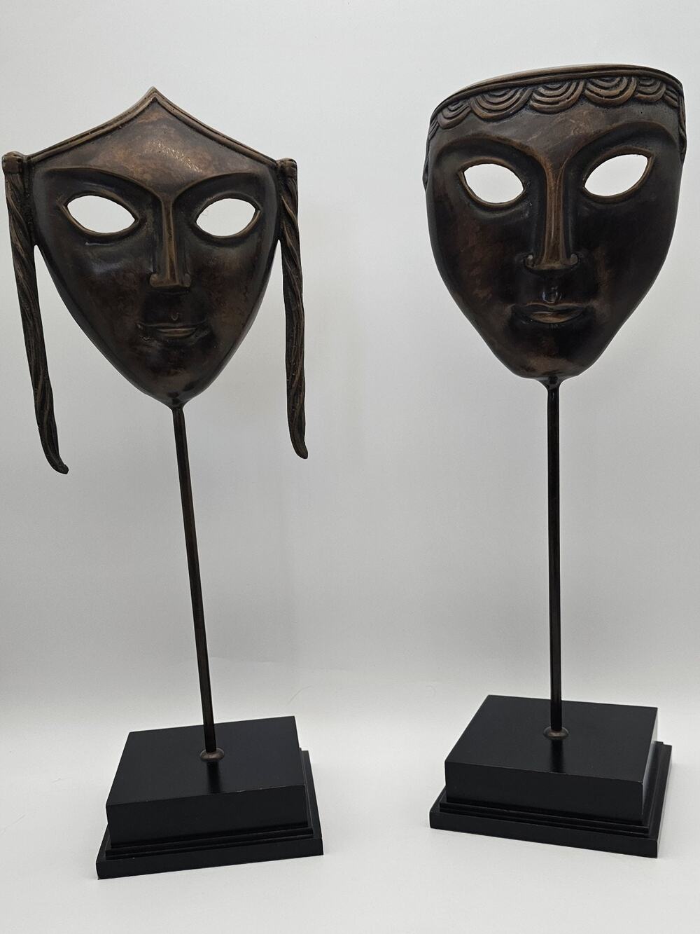 Vintage Bronze Tragedy Theater Masks On Wooden Bases Set Made In Korea